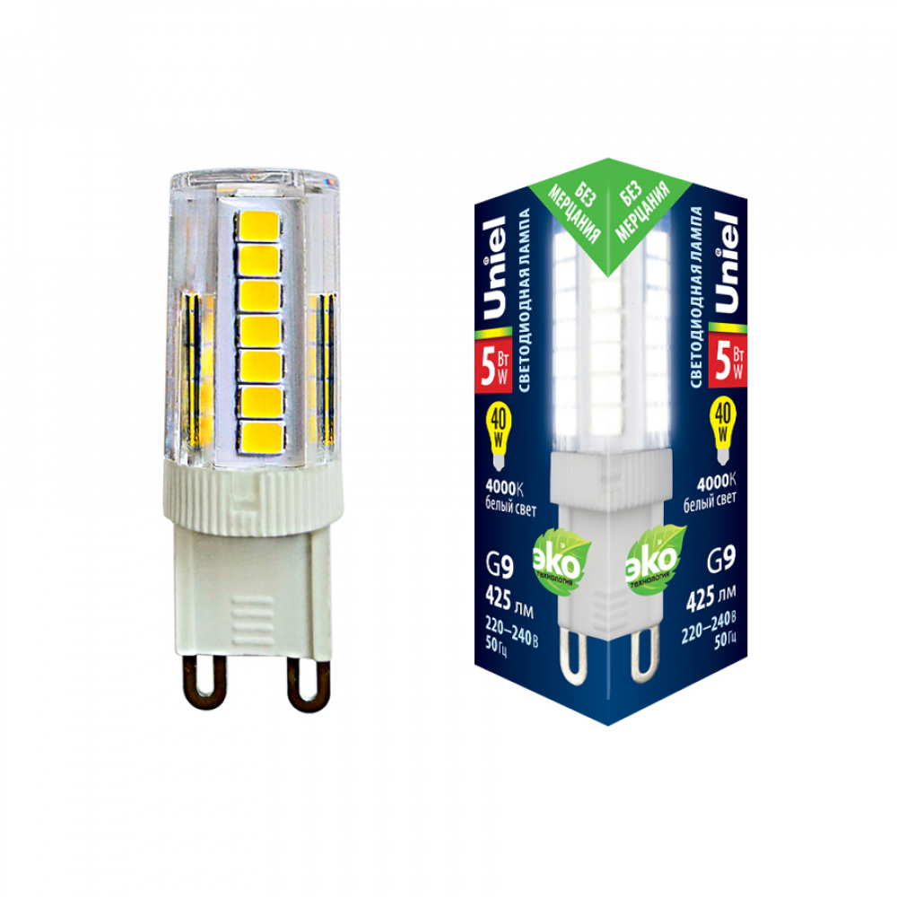 LED-JCD-5W/4000K/G9/CL GLZ09TR Лампа светодиодная, прозрачная. Белый свет (4000К). Картон. ТМ Uniel. LED-JCD-5W/4000K/G9/CL GLZ09TR Лампа светодиодная, прозрачная. Белый свет (4000К). Картон. ТМ Uniel.